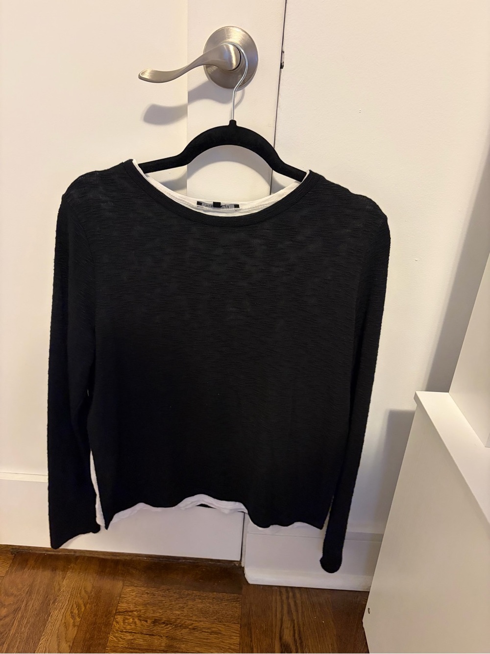 Olivaceous Black Long Sleeve Crewneck Top with White Trim